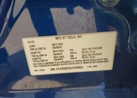 2020 Tesla Model Y Long Range Dual Motor All-Wheel Drive z USA, uszkodzony, nr VIN 5YJYGDEE8LF040956